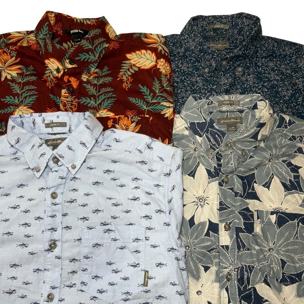Eddie Bauer Button Down Shirts Mens M Bundle of 4 Multicolor Floral Fish AOP